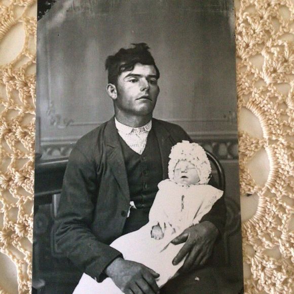 Post Mortem Death Photo Tiny Baby & Father Reprint Of Early 1900 Photo - Picture 3 of 7